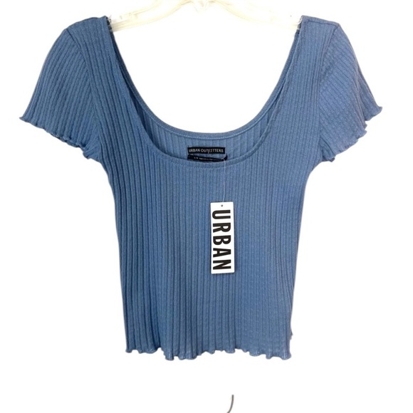 Urban Outfitters Basic Capsule Blue Ribbed Low Cut Crop Top TShirt - SZ L - Picture 1 of 8